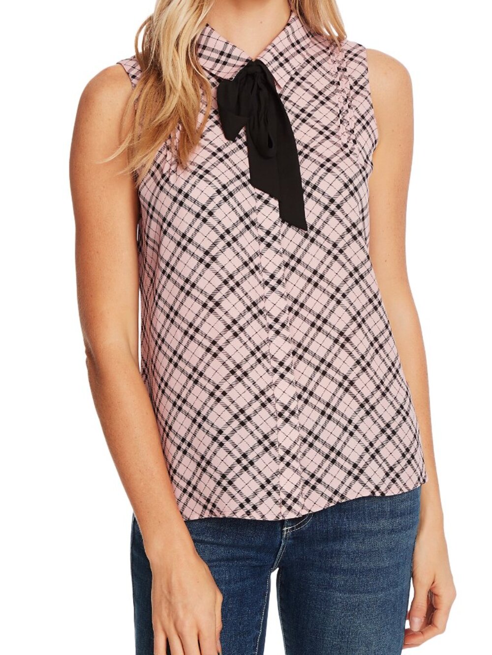 CeCe Plaid Pintuck Tie Neck Sleeveless Blouse in Mountain Rose Size M